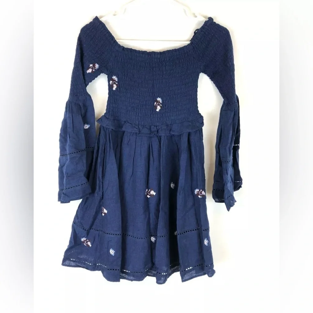 Free People, Women’s Embroidered Blue Mini Dress, Size Extra Small, Long Sleeves
